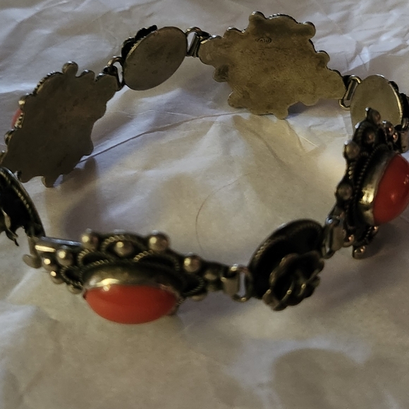 Vtg PLP Iguala Mexico Sterling Silver Red Coral Rose Link Bracelet - Picture 5 of 7